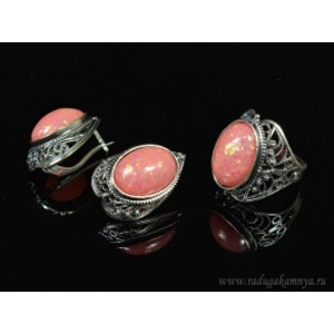 Кольцо и серьги с опалом искусственным, цвет коралловый