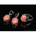Кольцо и серьги с опалом искусственным, цвет коралловый