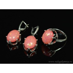 Кольцо и серьги с опалом искусственным, цвет коралловый