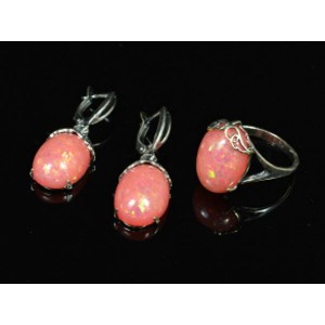 Кольцо и серьги с опалом искусственным, цвет коралловый хамелеон