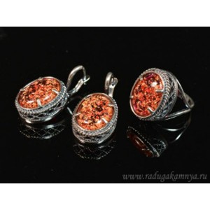 Кольцо и серьги с опалом искусственным, цвет красный