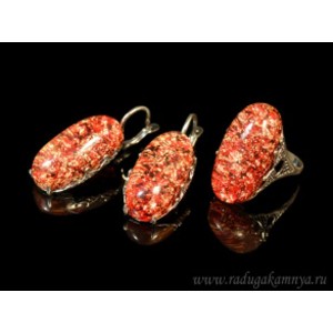 Кольцо и серьги с опалом искусственным, цвет красный