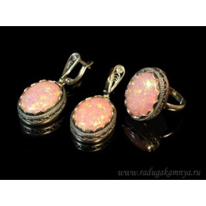 Кольцо и серьги с опалом искусственным, цвет крем