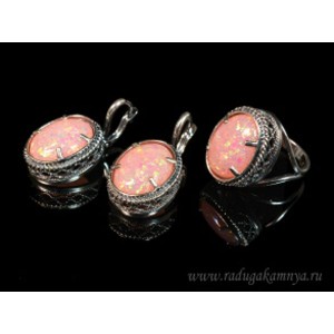 Кольцо и серьги с опалом искусственным, цвет крем