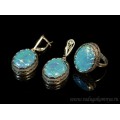 Кольцо и серьги с опалом искусственным, цвет лазурный