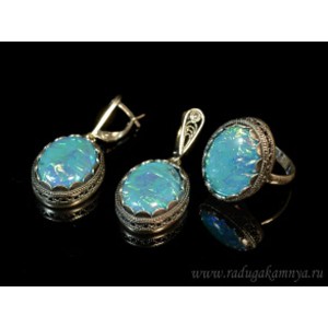 Кольцо и серьги с опалом искусственным, цвет лазурный
