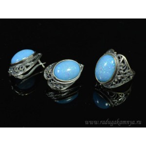 Кольцо и серьги с опалом искусственным, цвет лазурный Кольцо и серьги с опалом искусственным, цвет лазурный