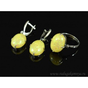 Кольцо и серьги с опалом искусственным, цвет лимонный