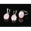 Кольцо и серьги с опалом искусственным, цвет пыльная роза