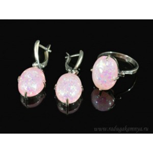 Кольцо и серьги с опалом искусственным, цвет пыльная роза