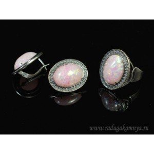 Кольцо и серьги с опалом искусственным, цвет розовый