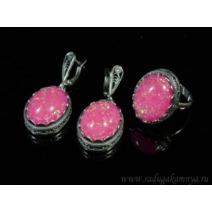 Кольцо и серьги с опалом искусственным, цвет розовый