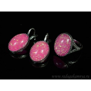 Кольцо и серьги с опалом искусственным, цвет розовый