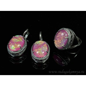 Кольцо и серьги с опалом искусственным, цвет розовый