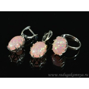 Кольцо и серьги с опалом искусственным, цвет розовый