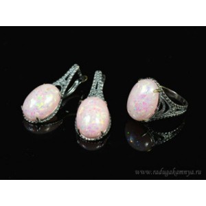 Кольцо и серьги с опалом искусственным, цвет розовый
