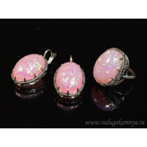 Кольцо и серьги с опалом искусственным, цвет розовый