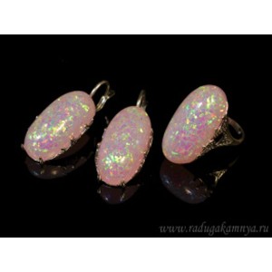 Кольцо и серьги с опалом искусственным, цвет розовый