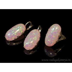 Кольцо и серьги с опалом искусственным, цвет розовый