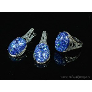 Кольцо и серьги с опалом искусственным, цвет синий