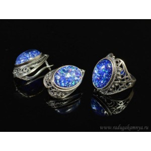 Кольцо и серьги с опалом искусственным, цвет синий