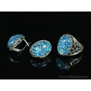Кольцо и серьги с опалом искусственным, цвет синий