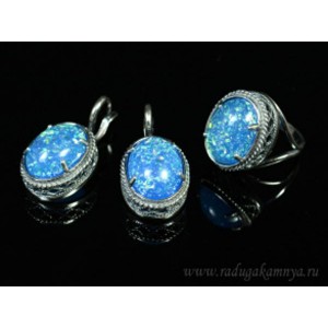 Кольцо и серьги с опалом искусственным, цвет синий