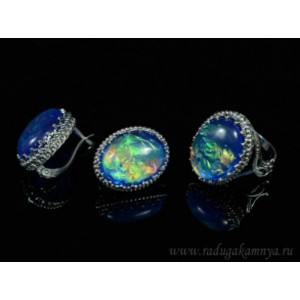 Кольцо и серьги с опалом искусственным, цвет синий