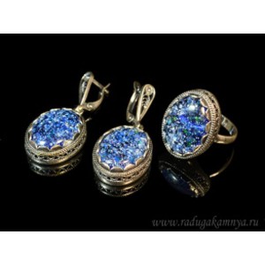 Кольцо и серьги с опалом искусственным, цвет синий Кольцо и серьги с опалом искусственным, цвет синий