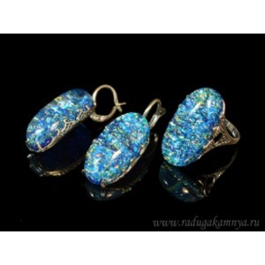 Кольцо и серьги с опалом искусственным, цвет синий