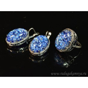 Кольцо и серьги с опалом искусственным, цвет синий