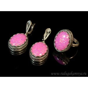 Кольцо и серьги с опалом искусственным, цвет фуксия