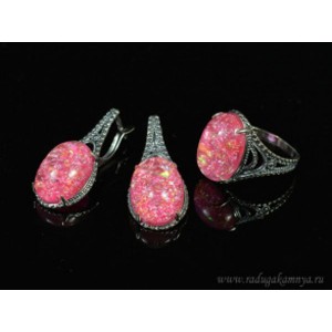 Кольцо и серьги с опалом искусственным, цвет фуксия