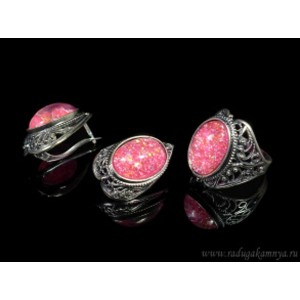Кольцо и серьги с опалом искусственным, цвет фуксия