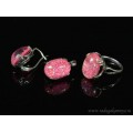 Кольцо и серьги с опалом искусственным, цвет фуксия