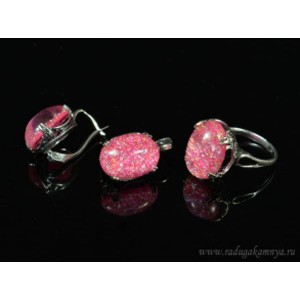 Кольцо и серьги с опалом искусственным, цвет фуксия