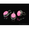 Кольцо и серьги с опалом искусственным, цвет фуксия