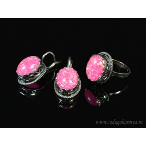 Кольцо и серьги с опалом искусственным, цвет фуксия