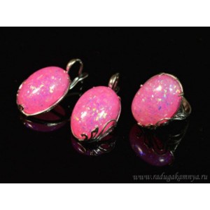 Кольцо и серьги с опалом искусственным, цвет фуксия