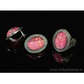 Кольцо и серьги с опалом искусственным, цвет фуксия