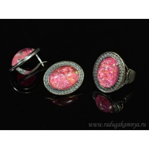 Кольцо и серьги с опалом искусственным, цвет фуксия