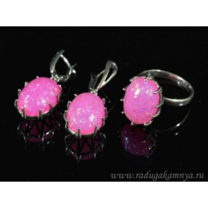 Кольцо и серьги с опалом искусственным, цвет фуксия