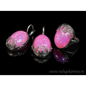 Кольцо и серьги с опалом искусственным, цвет фуксия
