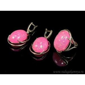Кольцо и серьги с опалом искусственным, цвет фуксия