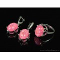 Кольцо и серьги с опалом искусственным, цвет фуксия