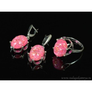 Кольцо и серьги с опалом искусственным, цвет фуксия