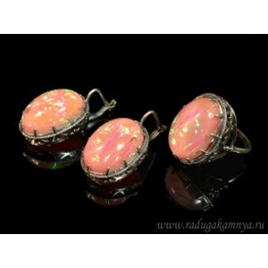 Кольцо и серьги с опалом искусственным, цвет чайная роза