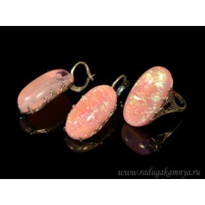 Кольцо и серьги с опалом искусственным, цвет чайная роза