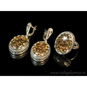 Кольцо и серьги с опалом искусственным, цвет шоколад