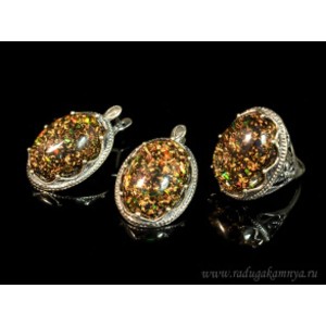 Кольцо и серьги с опалом искусственным, цвет шоколад